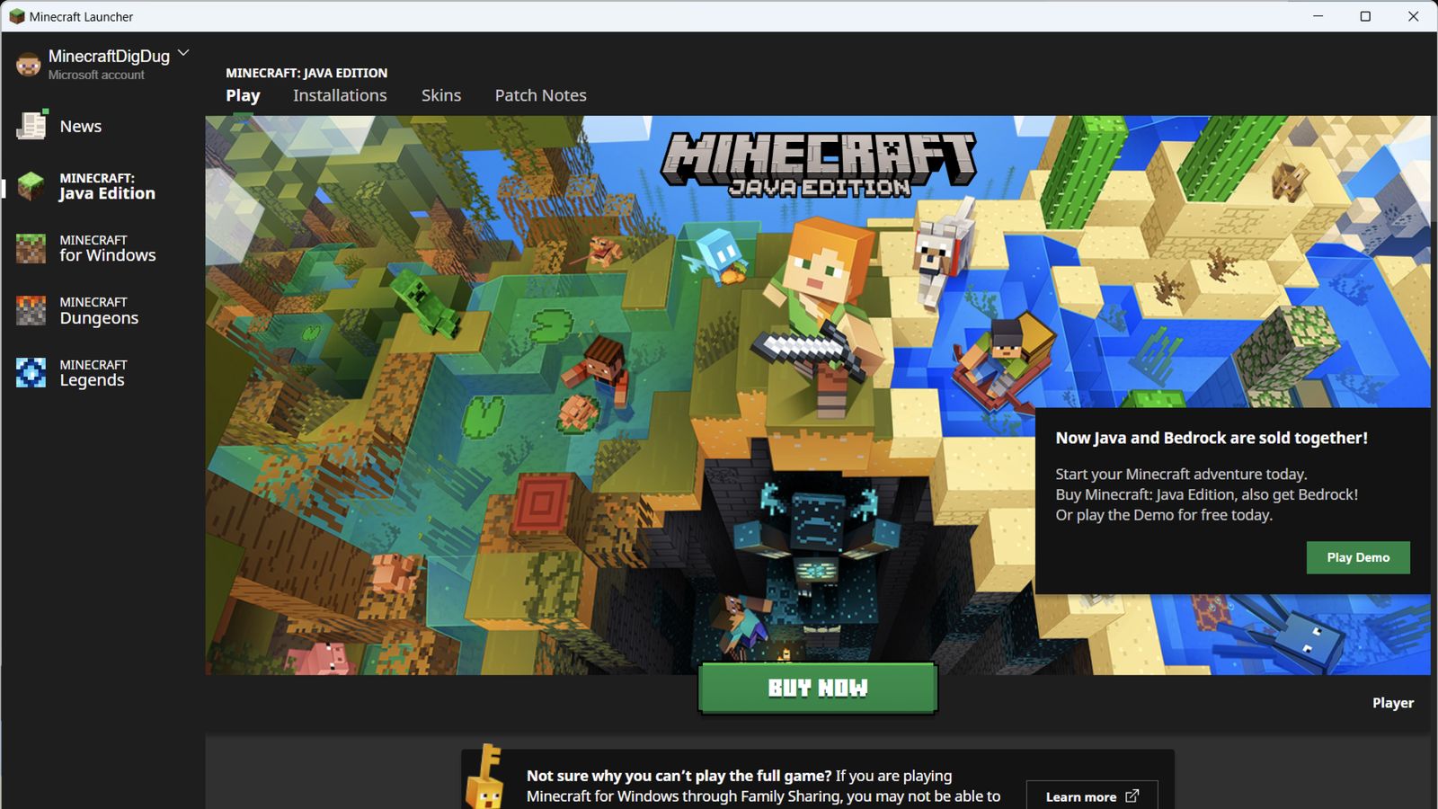Actual Minecraft Launcher interface open on the Java Edition Play tab